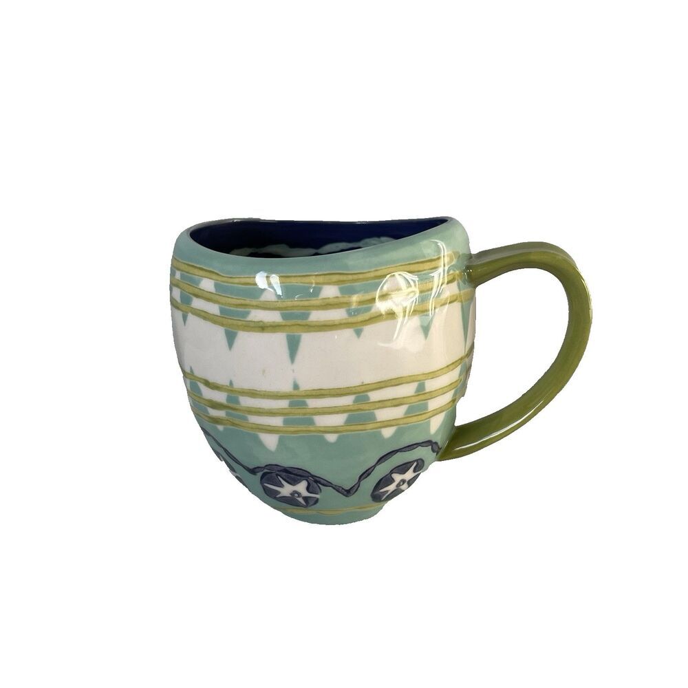 Anthropologie Home Ceramic Coffee Tea Mug Cup Blue Green Pattern 12oz Drinkware